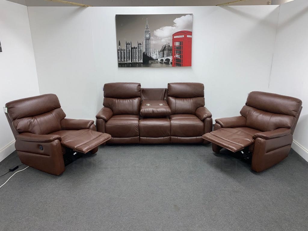 Dfs Pryme Brown Leather Electric Reclining 3 + 1 Seater Sofa Suite Set Usb Ports & Drinks Tray