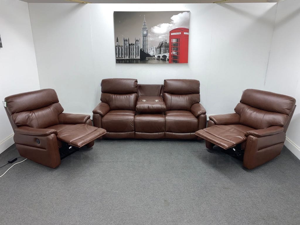 Dfs Pryme Brown Leather Electric Reclining 3 + 1 Seater Sofa Suite Set Usb Ports & Drinks Tray