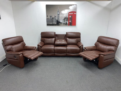 Dfs Pryme Brown Leather Electric Reclining 3 + 1 Seater Sofa Suite Set Usb Ports & Drinks Tray