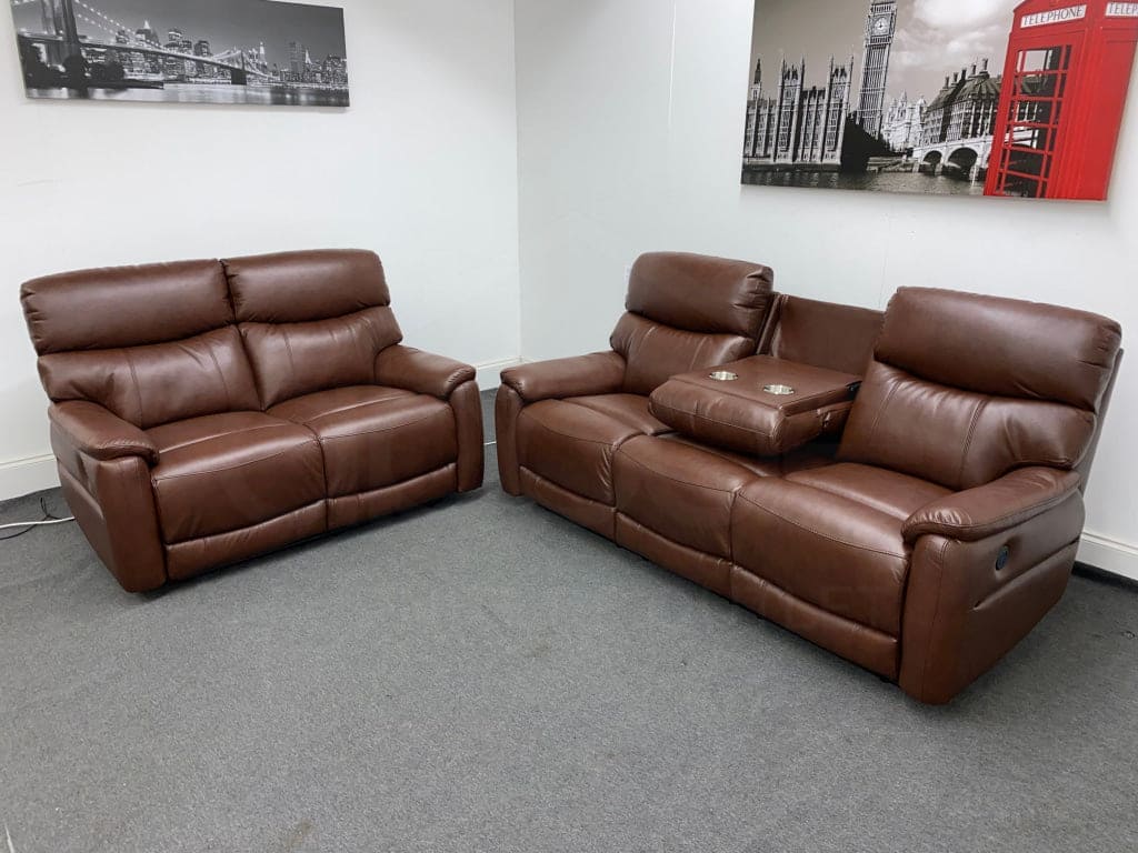 Dfs Pryme Brown Leather Electric Reclining 3 Seater + 2 Sofa Suite Set Usb Ports & Drop Down Tray