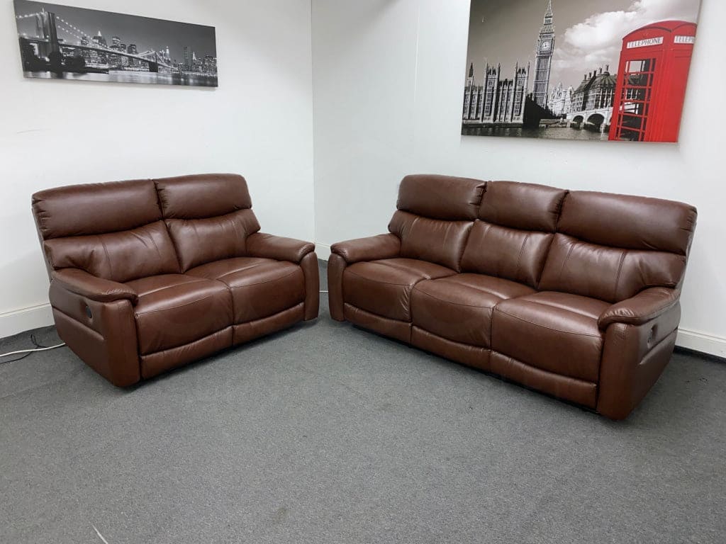 Dfs Pryme Brown Leather Electric Reclining 3 Seater + 2 Sofa Suite Set Usb Ports & Drop Down Tray