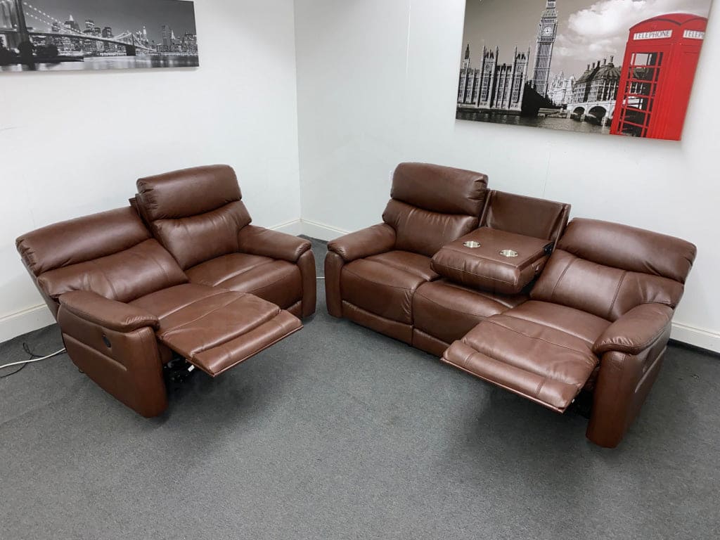 Dfs Pryme Brown Leather Electric Reclining 3 Seater + 2 Sofa Suite Set Usb Ports & Drop Down Tray