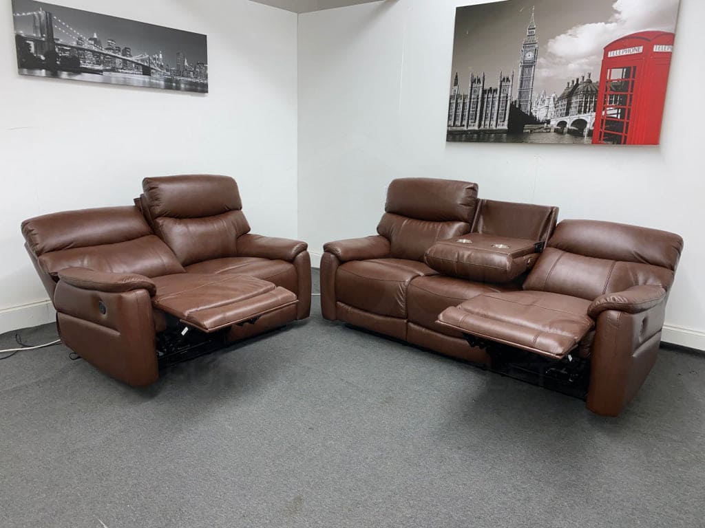 Dfs Pryme Brown Leather Electric Reclining 3 Seater + 2 Sofa Suite Set Usb Ports & Drop Down Tray