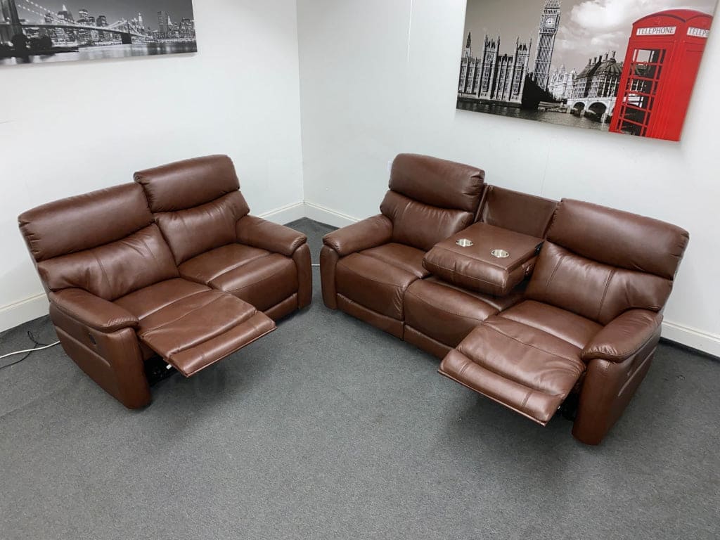 Dfs Pryme Brown Leather Electric Reclining 3 Seater + 2 Sofa Suite Set Usb Ports & Drop Down Tray