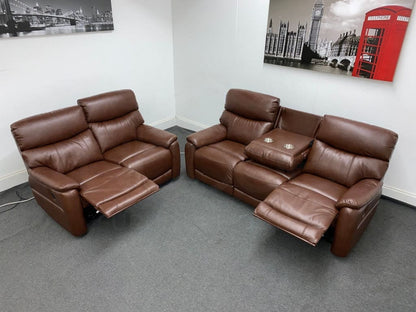 Dfs Pryme Brown Leather Electric Reclining 3 Seater + 2 Sofa Suite Set Usb Ports & Drop Down Tray