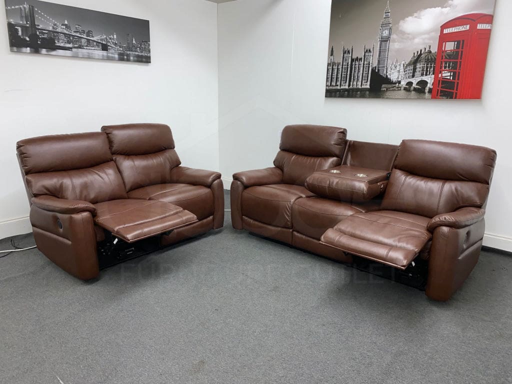 Dfs Pryme Brown Leather Electric Reclining 3 Seater + 2 Sofa Suite Set Usb Ports & Drop Down Tray