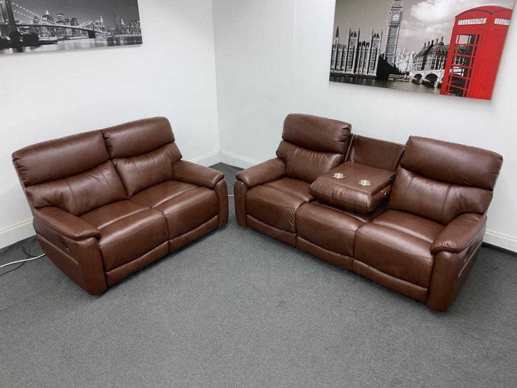 Dfs Pryme Brown Leather Electric Reclining 3 Seater + 2 Sofa Suite Set Usb Ports & Drop Down Tray