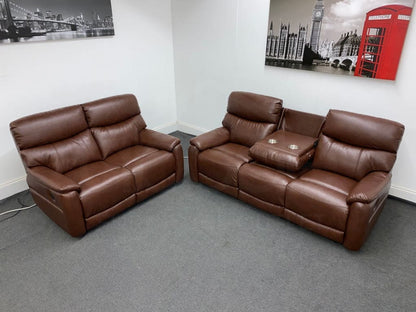 Dfs Pryme Brown Leather Electric Reclining 3 Seater + 2 Sofa Suite Set Usb Ports & Drop Down Tray