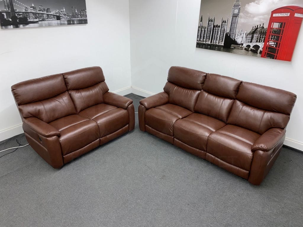 Dfs Pryme Brown Leather Electric Reclining 3 Seater + 2 Sofa Suite Set Usb Ports & Drop Down Tray