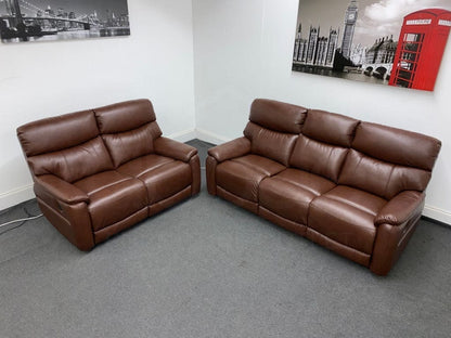 Dfs Pryme Brown Leather Electric Reclining 3 Seater + 2 Sofa Suite Set Usb Ports & Drop Down Tray