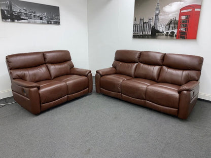 Dfs Pryme Brown Leather Electric Reclining 3 Seater + 2 Sofa Suite Set Usb Ports & Drop Down Tray