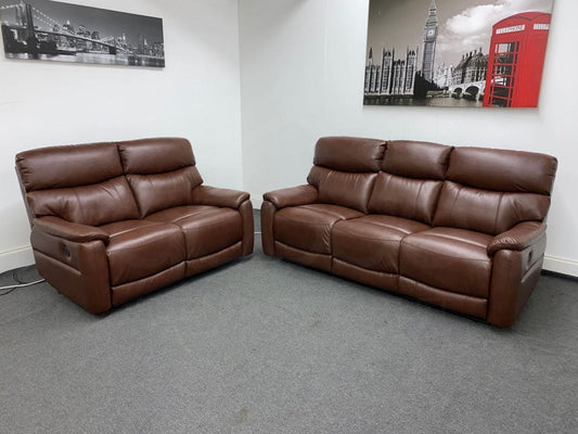Dfs Pryme Brown Leather Electric Reclining 3 Seater + 2 Sofa Suite Set Usb Ports & Drop Down Tray