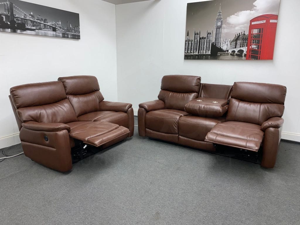 Dfs Pryme Brown Leather Electric Reclining 3 Seater + 2 Sofa Suite Set Usb Ports & Drop Down Tray