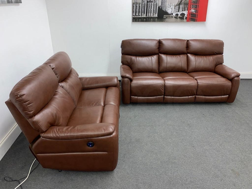 Dfs Pryme Brown Leather Electric Reclining 3 Seater + 2 Sofa Suite Set Usb Ports & Drop Down Tray