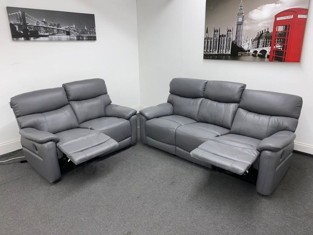 Dfs Pryme Charcoal / Grey Leather Electric Power Reclining 3 Seater 2 & Armchair Sofa Suite Set