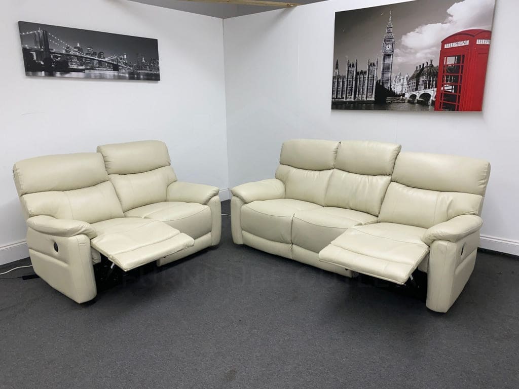 Lazy Boy Ivory Cream Milano Leather Electric Power Reclining Sofa Abode Furniture Outlet