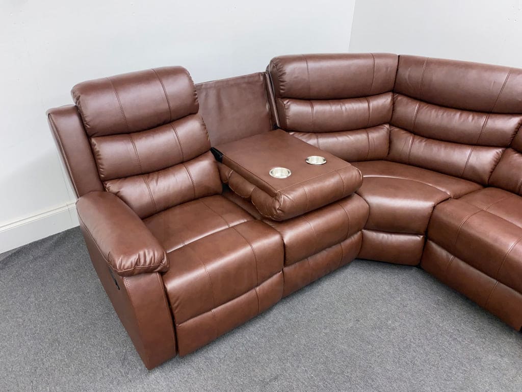 Electric Brown Leather ’Landos’ Reclining Corner Sofa | Reversible & Modular Drinks Console