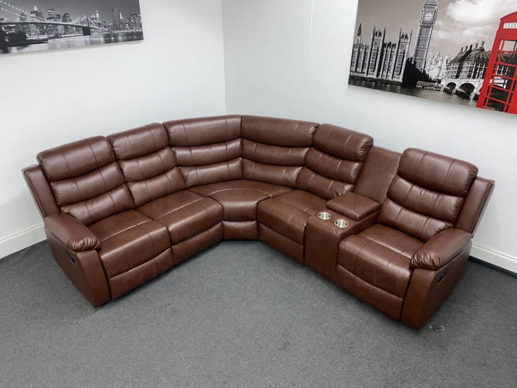 Electric Brown Leather ’Landos’ Reclining Corner Sofa | Reversible & Modular Drinks Console