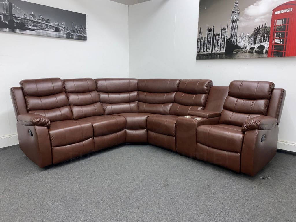 Electric Brown Leather ’Landos’ Reclining Corner Sofa | Reversible & Modular Drinks Console