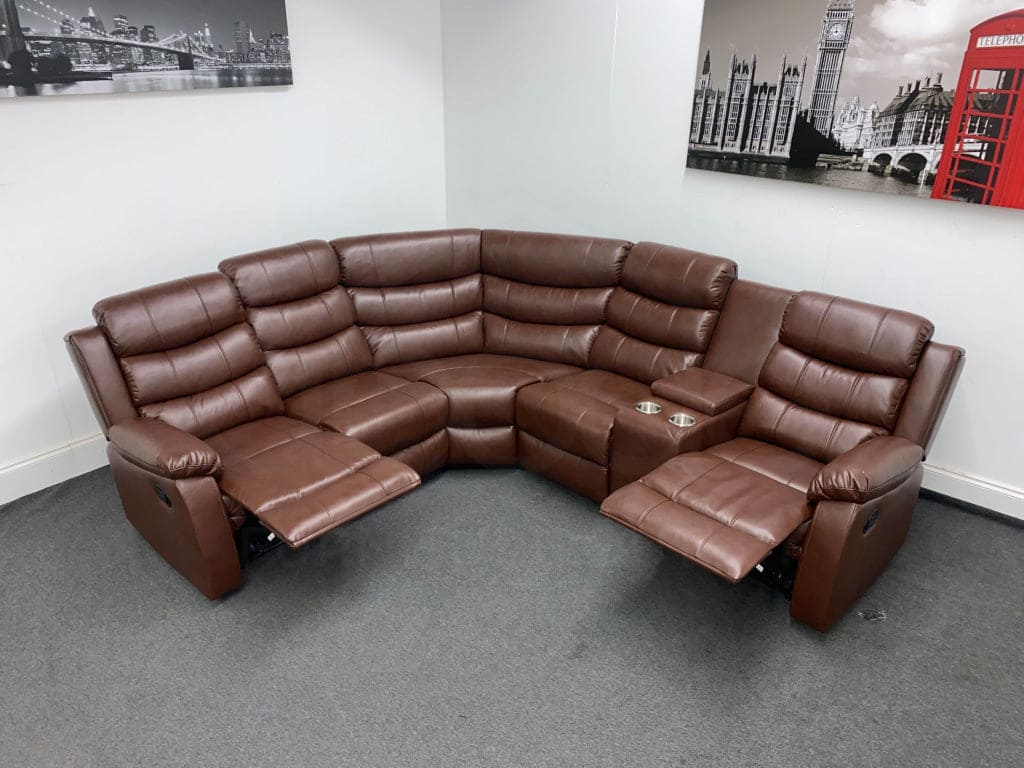 Electric Brown Leather ’Landos’ Reclining Corner Sofa | Reversible & Modular Drinks Console