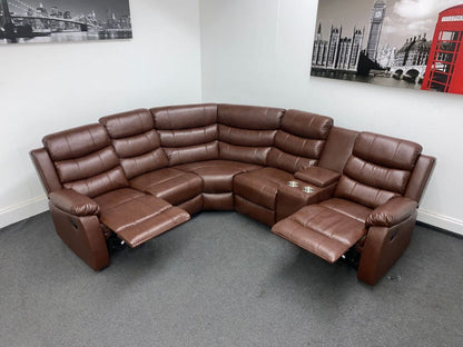 Electric Brown Leather ’Landos’ Reclining Corner Sofa | Reversible & Modular Drinks Console