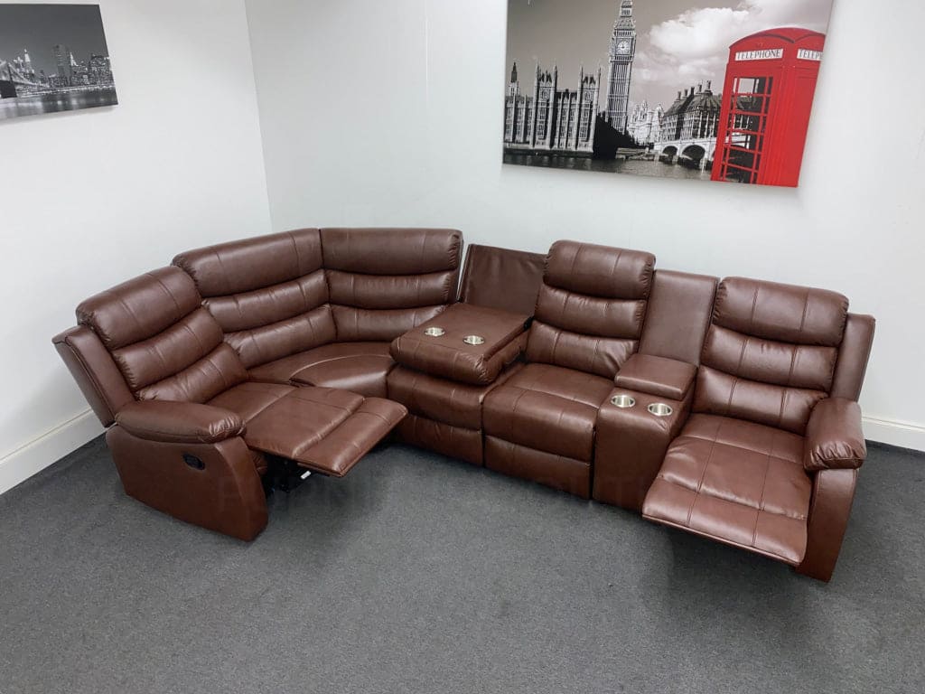 Electric Brown Leather ’Landos’ Reclining Corner Sofa | Reversible & Modular Drinks Console