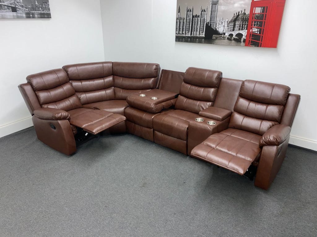 Electric Brown Leather ’Landos’ Reclining Corner Sofa | Reversible & Modular Drinks Console