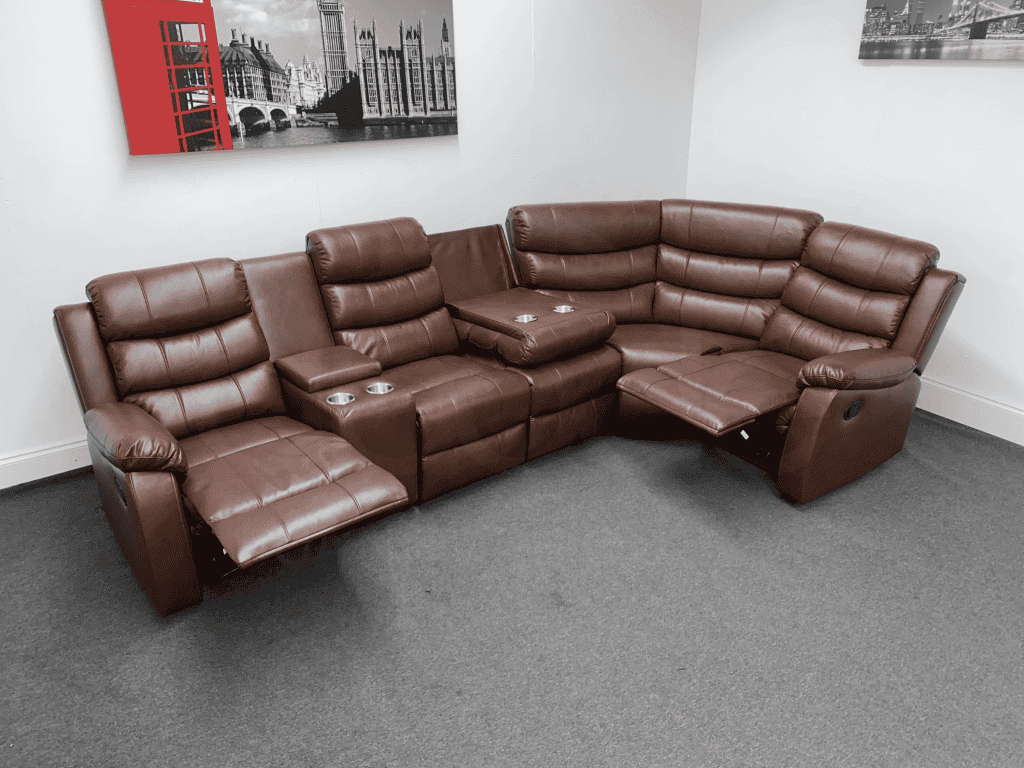 Electric Brown Leather ’Landos’ Reclining Corner Sofa | Reversible & Modular Drinks Console