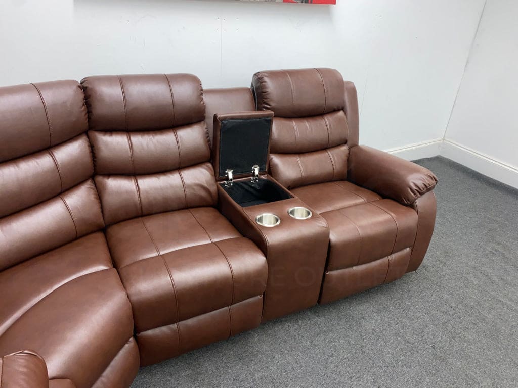 Electric Brown Leather ’Landos’ Reclining Corner Sofa | Reversible & Modular Drinks Console