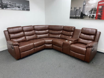 Electric Brown Leather ’Landos’ Reclining Corner Sofa | Reversible & Modular Drinks Console