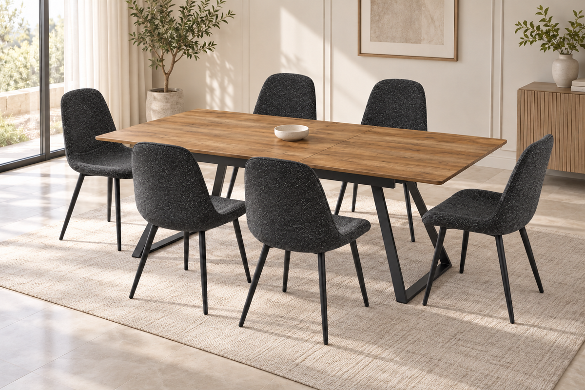 (Pre Order Deal, Arriving December 15th) "Shelton" 160cm-200cm Hardwood Extending Dining Table With Metal Black Legs With Yukon Dining Chairs As A Set Of 4 Or 6 Chairs