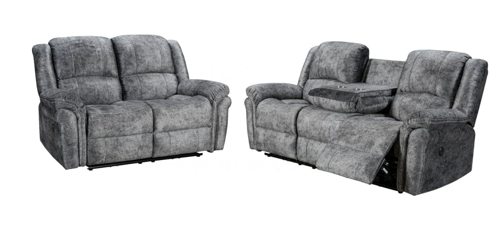 ’Finsbury Express’ Grey Plush Velvet 3 + 2 Seater Electric Reclining Sofa Set Sofas