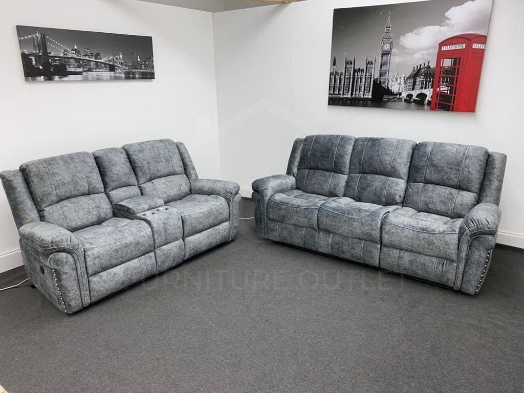 Bella Grey Plush Velvet 3 + 2 Seater Power Reclining Sofa Set