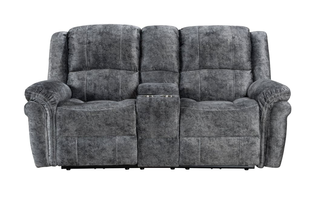 ’Finsbury Express’ Grey Plush Velvet 3 + 2 Seater With Drinks Console Electric Reclining Sofa