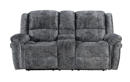 ’Finsbury Express’ Grey Plush Velvet 3 + 2 Seater With Drinks Console Electric Reclining Sofa