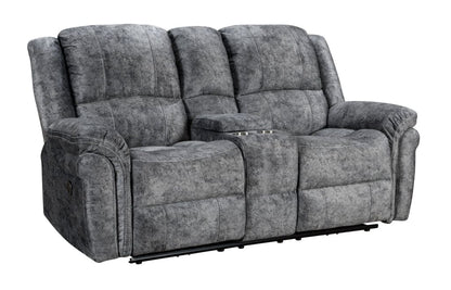 ’Finsbury Express’ Grey Plush Velvet 3 + 2 Seater With Drinks Console Electric Reclining Sofa