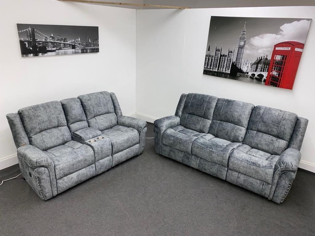Bella Grey Plush Velvet 3 + 2 Seater Power Reclining Sofa Set