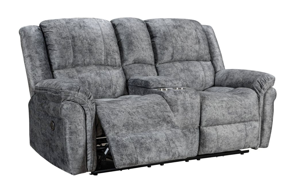 ’Finsbury Express’ Grey Plush Velvet 3 + 2 Seater With Drinks Console Electric Reclining Sofa