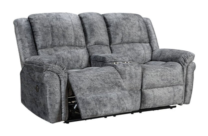 ’Finsbury Express’ Grey Plush Velvet 3 + 2 Seater With Drinks Console Electric Reclining Sofa