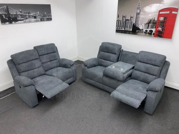 Goodwood Electric Reclining Charcoal Grey Fabric 3 Seater + 2 Sofa Set Drinks Tray Table Usb Ports