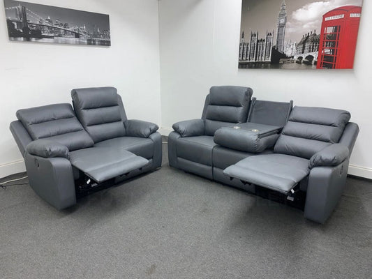 Goodwood Electric Reclining Charcoal Grey Leather 3 Seater + 2 Sofa Set Drinks Tray Table Usb Ports