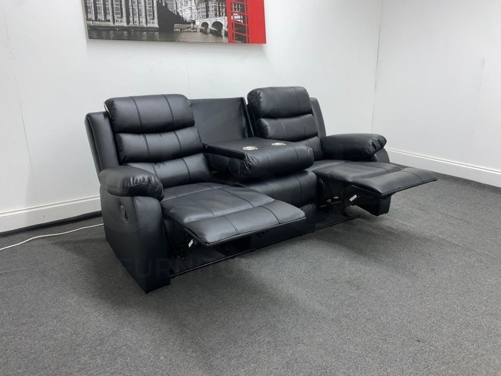 ’ Landos Black Leather 3 + 2 Seater Reclining Sofa Set | Drinks Tray Table Sofas