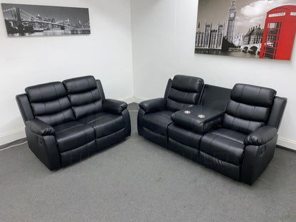 ’ Landos Black Leather 3 + 2 Seater Reclining Sofa Set | Drinks Tray Table Sofas