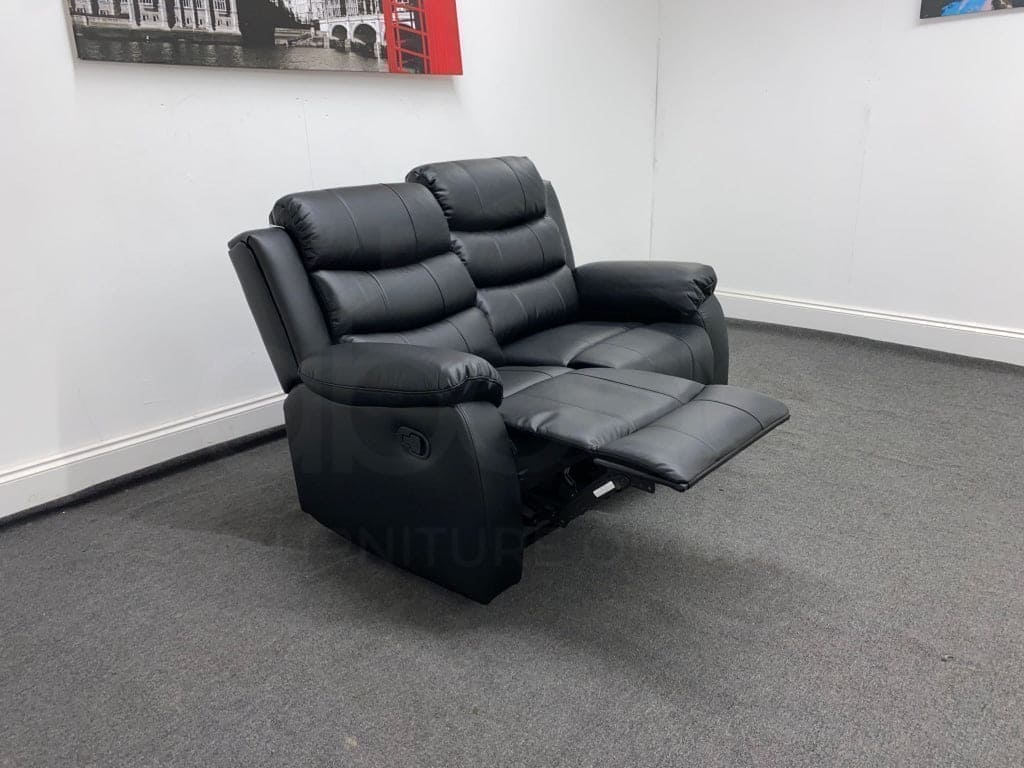 ’ Landos Black Leather 3 + 2 Seater Reclining Sofa Set | Drinks Tray Table Sofas
