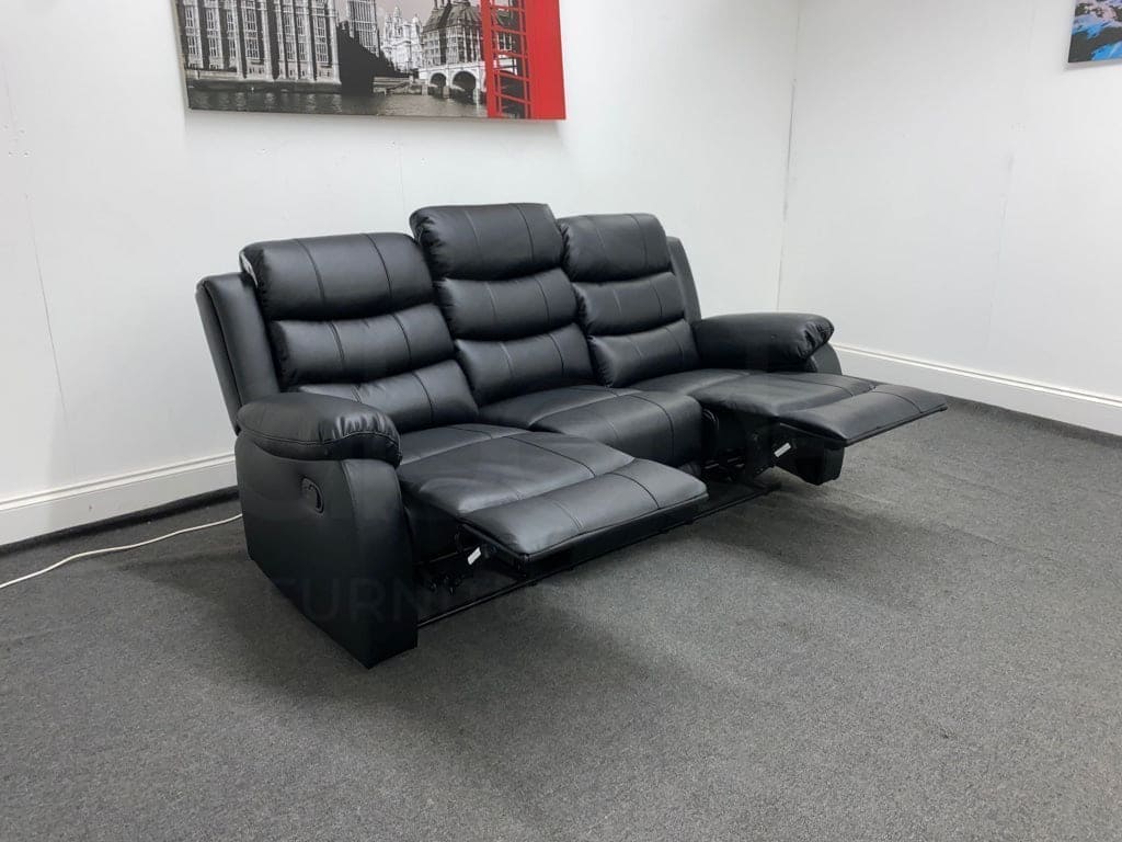 ’ Landos Black Leather 3 + 2 Seater Reclining Sofa Set | Drinks Tray Table Sofas