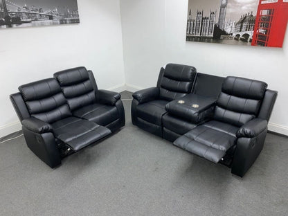 ’ Landos Black Leather 3 + 2 Seater Reclining Sofa Set | Drinks Tray Table Sofas