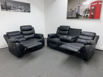 ’ Landos Black Leather 3 + 2 Seater Reclining Sofa Set | Drinks Tray Table Sofas