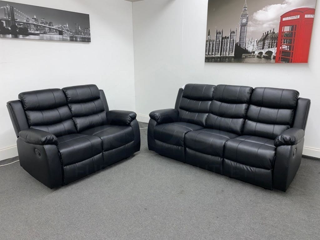 ’ Landos Black Leather 3 + 2 Seater Reclining Sofa Set | Drinks Tray Table Sofas