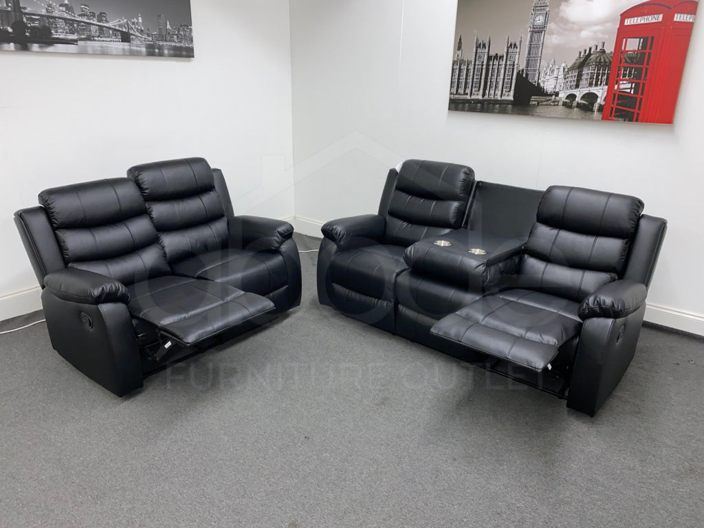 ’ Landos Black Leather 3 + 2 Seater Reclining Sofa Set | Drinks Tray Table Sofas