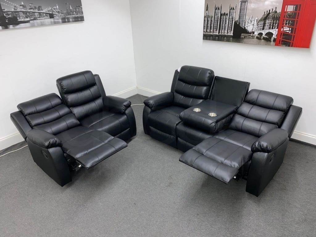’ Landos Black Leather 3 + 2 Seater Reclining Sofa Set | Drinks Tray Table Sofas